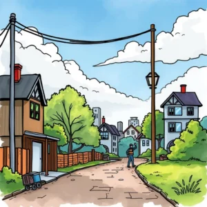 Real estate incident review: Generate reviews for incidents in properties 2 Person surveying a quiet neighborhood scene with homes and trees.