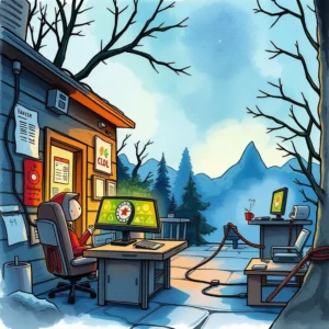 A cybersecurity analyst enhancing incident logs at a mountain cabin office.