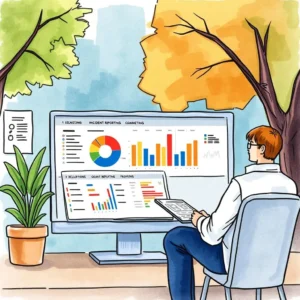 Safety incident trends: Analyze historical safety incident data 3 A professional analyzing safety incident trends on a computer, surrounded by trees and data visuals.