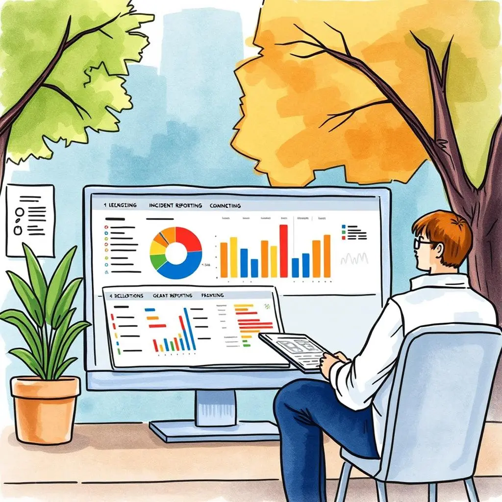 Safety incident trends: Analyze historical safety incident data 1 A professional analyzing safety incident trends on a computer, surrounded by trees and data visuals.