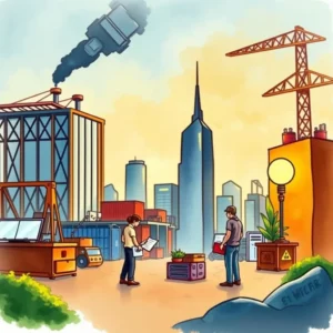 Men analyzing documents outdoors in an industrial environment with a city skyline backdrop.