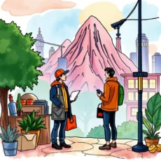 Client persona generator in action with two individuals discussing in an urban environment.