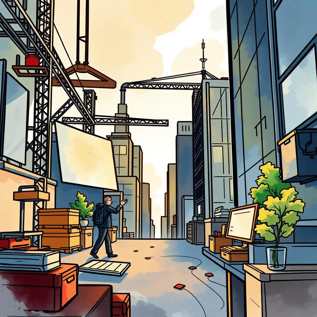 A professional walking through an urban construction site, embodying industry research for business tools.