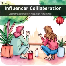 Two women discussing influencer collaboration strategies with plants and cityscape in background