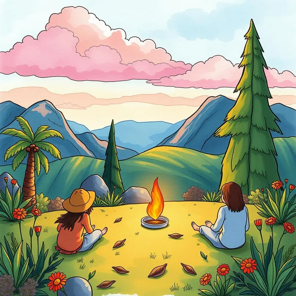 Two individuals sitting by a campfire, enjoying a serene mountain landscape.