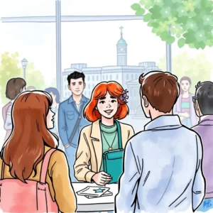 A young woman with red hair and a flower engages with two people at an outdoor event table.