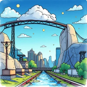 A vibrant bridge connecting data streams in an urban landscape.