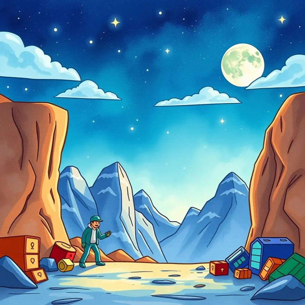 A cartoonish scene of a worker navigating a data landscape.