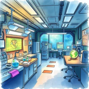 A modern research lab with scientific equipment, glowing monitors, and a globe representing global discovery opportunities.