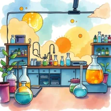 Colorful laboratory scene with various glassware, plants, and sunlight, representing scientific innovation in R&D.