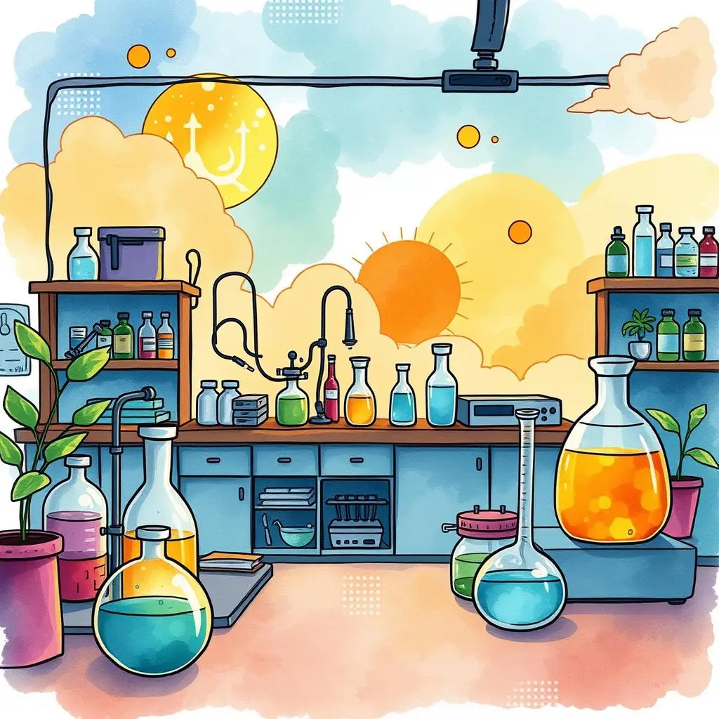 Experiment summary creator: Produce concise visually appealing experiment overviews 1 Colorful laboratory scene with various glassware, plants, and sunlight, representing scientific innovation in R&D.