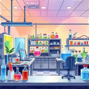 Colorful laboratory filled with various glassware and tools for scientific research and innovation.