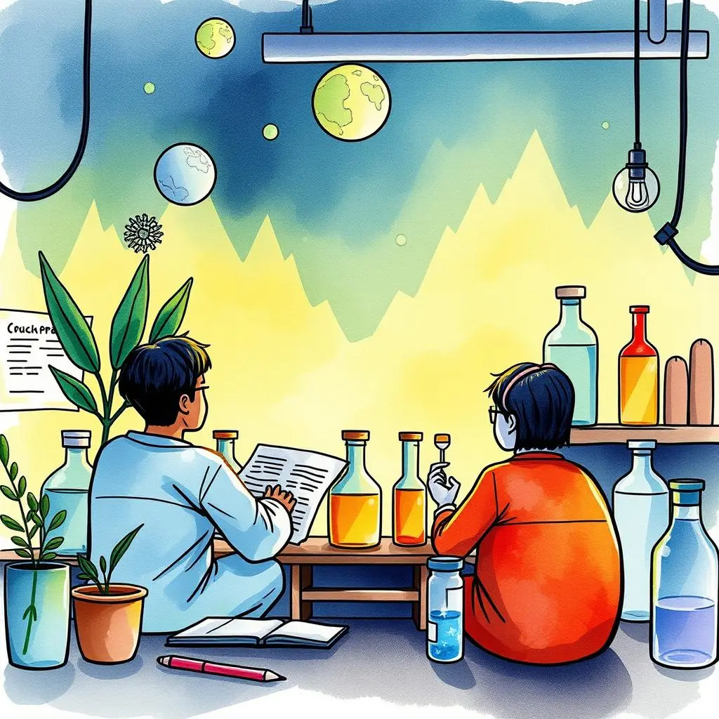 A creative illustration depicting two researchers working with laboratory bottles and documents