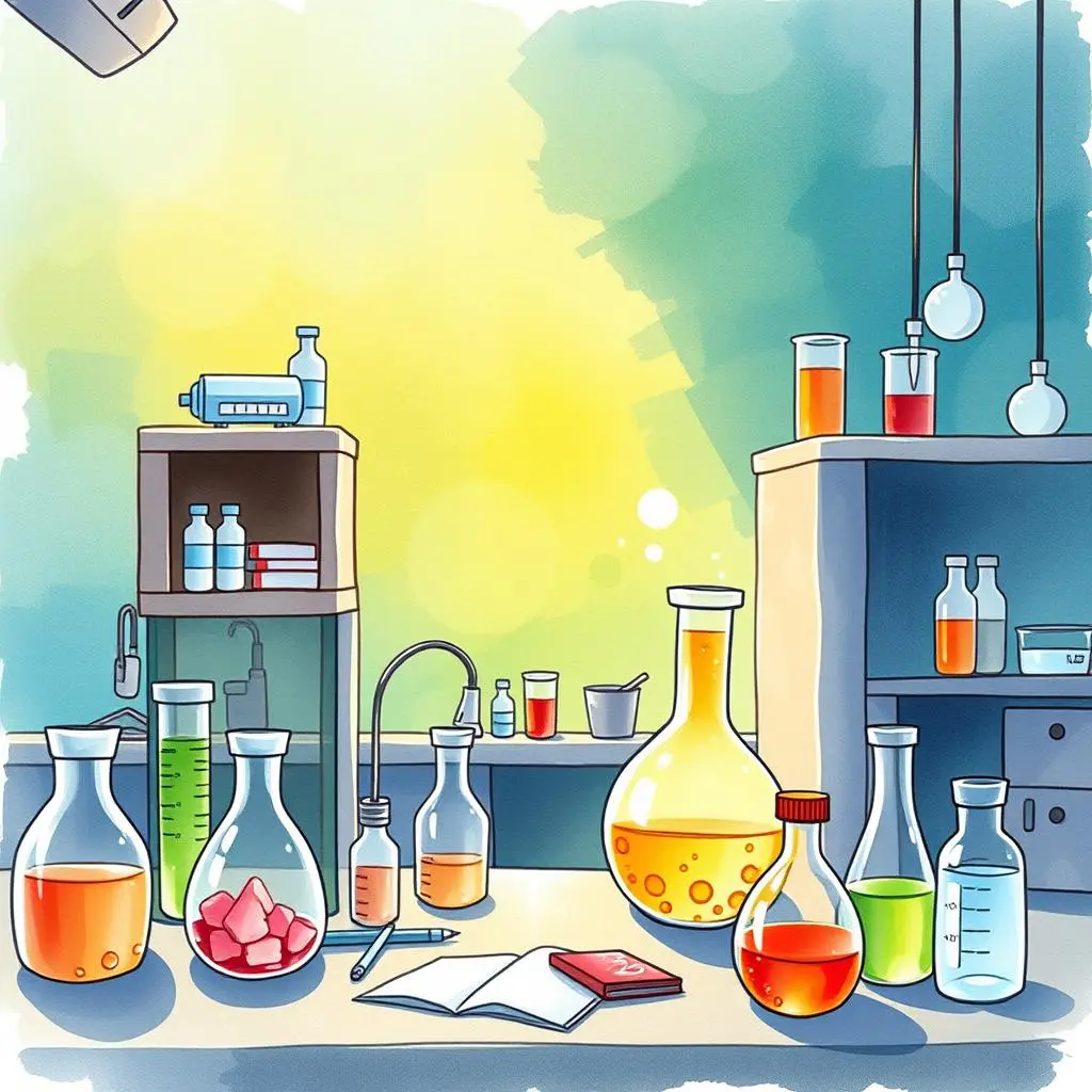 Procedure validator: Check experimental procedures for feasibility and compliance 1 Bottles and flasks filled with colorful liquids in a bright laboratory environment.