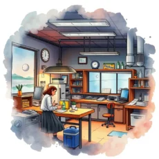 A researcher analyzes data in a bright, organized office environment to enhance study focus.