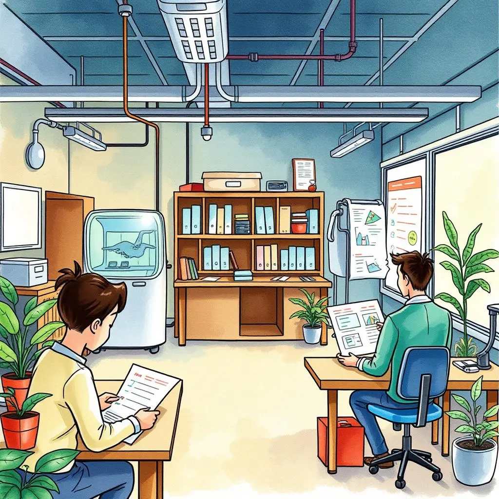 Survey response analyzer: Process and summarize survey results 1 A modern office environment showing two individuals analyzing survey results with various documents and plants.