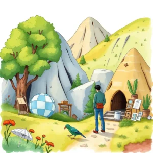 A person stands near a quaint landscape featuring mountains, trees, and a cozy dwelling.