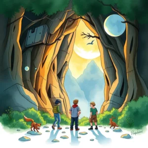 Three children and a fox explore a mystical forest landscape with a glowing archway.