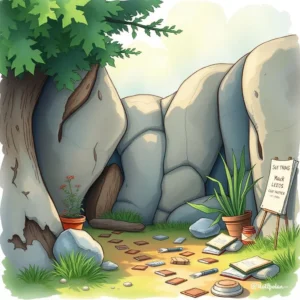 A serene natural scene featuring rocks, plants, and scattered documents signifies a space for reflection and summary creation.