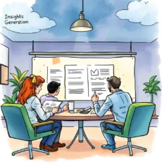 Team collaborating in a meeting, reviewing impactful summary insights.