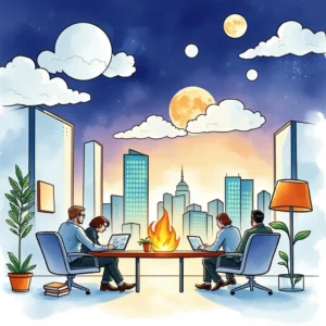 A team collaborates around a table with city skyline backdrop, symbolizing integration planning.
