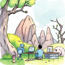 A person analyzing data on a laptop in a serene outdoor setting.