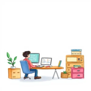 A person analyzing data on computer screens in a workspace.