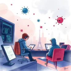 Analysts reviewing malware data with city skyline and virus icons.