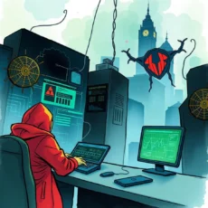 A cybersecurity analyst in a red hoodie analyzes vulnerability trends on multiple screens.