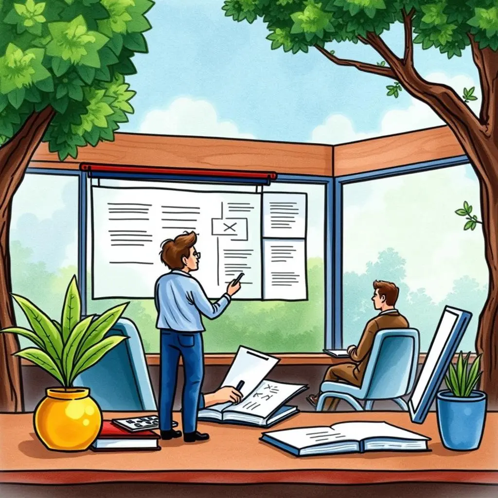 Assessment clarity booster: Enhance clarity of continuous assessment narratives 1 Drawing of a person presenting assessment clarity strategies in a bright office environment.