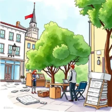 Professionals evaluating tax documents in a vibrant outdoor setting.