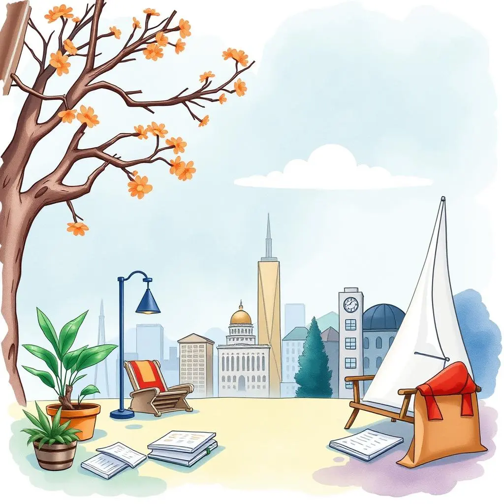 Tax reconciliation report builder: Create detailed reconciliation reports effortlessly 1 A serene outdoor workspace featuring books, plants, and city skyline ideal for tax reporting tasks