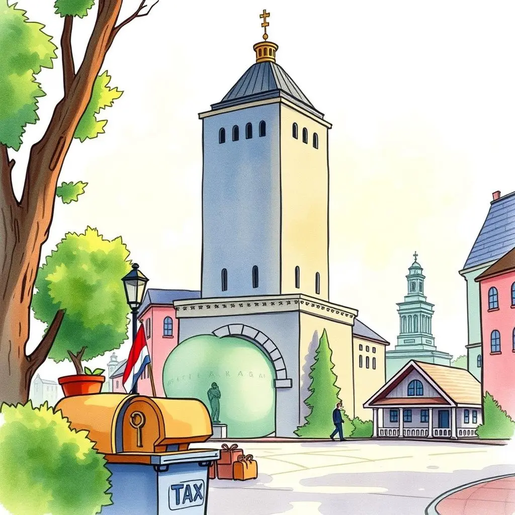 Tax relief statement generator: Generate statements for foreign tax relief 1 A scenic illustration featuring a tax-themed mailbox and buildings, symbolizing tax relief processes.