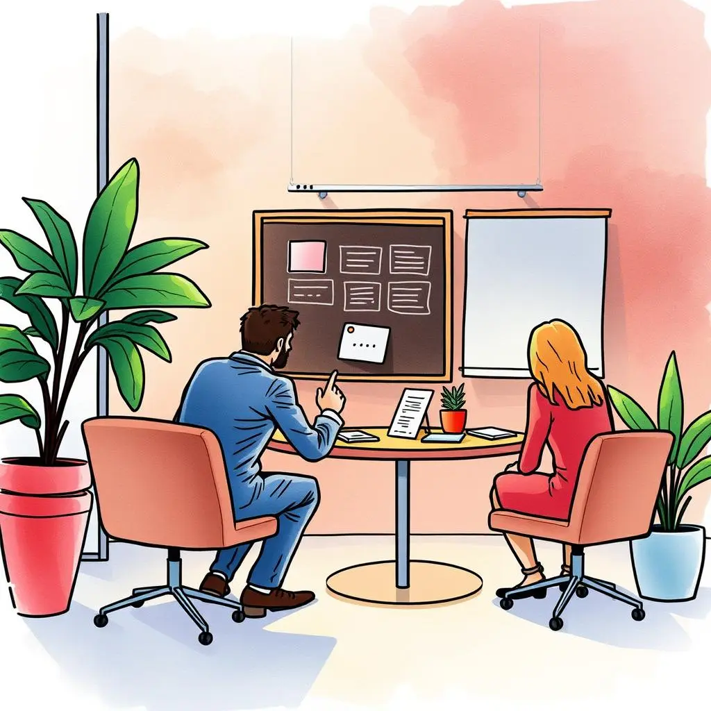Interview process analyzer: Review and optimize interview procedures 1 Professional meeting between colleagues discussing the Interview Process Analyzer tool in HR.