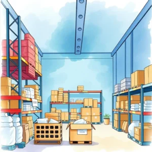 Inventory performance analysis tool: Analyze inventory performance and generate reports 2 A well-organized warehouse with shelves filled with various boxes and supplies representing inventory control tools.