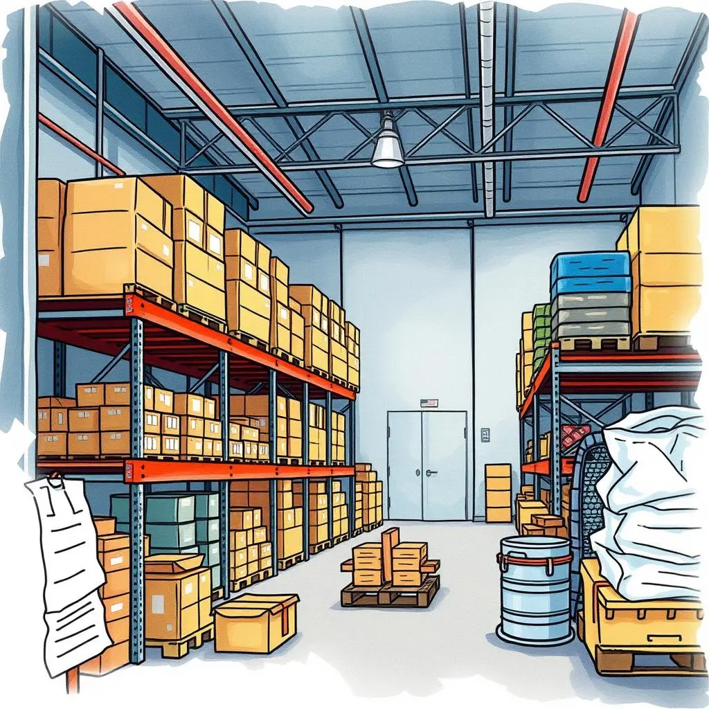 Inventory report generator: Create detailed inventory reports on demand 1 Stacks of inventory boxes in a well-organized warehouse environment for reporting needs.