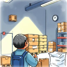 A person in a warehouse examines stacked cardboard boxes under a spotlight, highlighting inventory management.