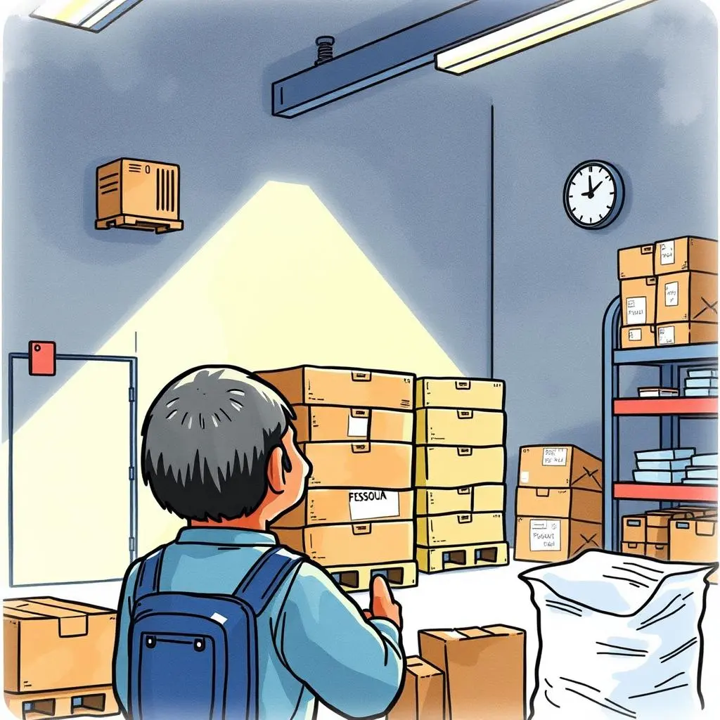 Inventory state assessor: Assess inventory state for improved oversight 1 A person in a warehouse examines stacked cardboard boxes under a spotlight, highlighting inventory management.