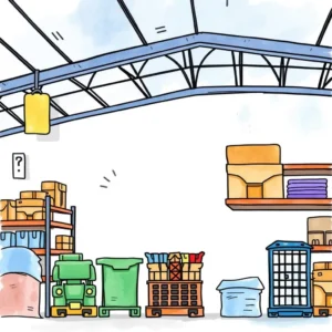 Colorful illustration of organized warehouse shelves with various inventory items.