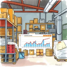 Packed warehouse with inventory data graph illustrating supply usage over time.