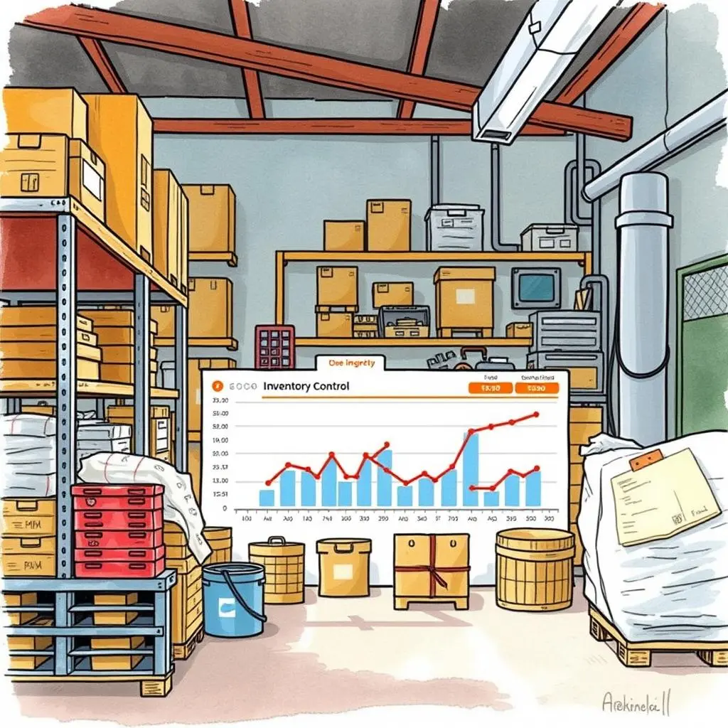 Inventory usage report generator: Summarize historical supply usage data 1 Packed warehouse with inventory data graph illustrating supply usage over time.