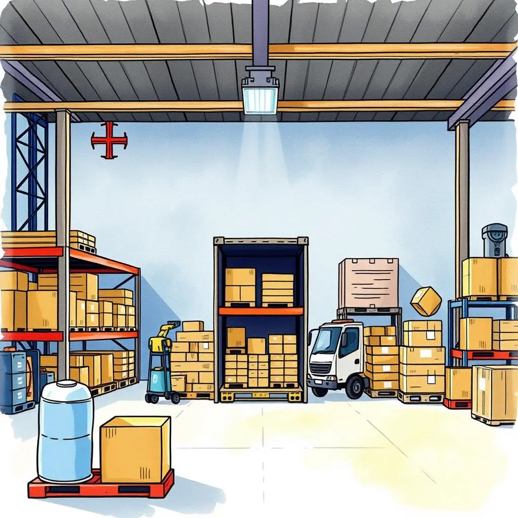 Logistics communication hub: Facilitate communication for logistics coordination 1 Logistics communication hub: a bright warehouse scene showcasing organized inventory storage and coordination tools