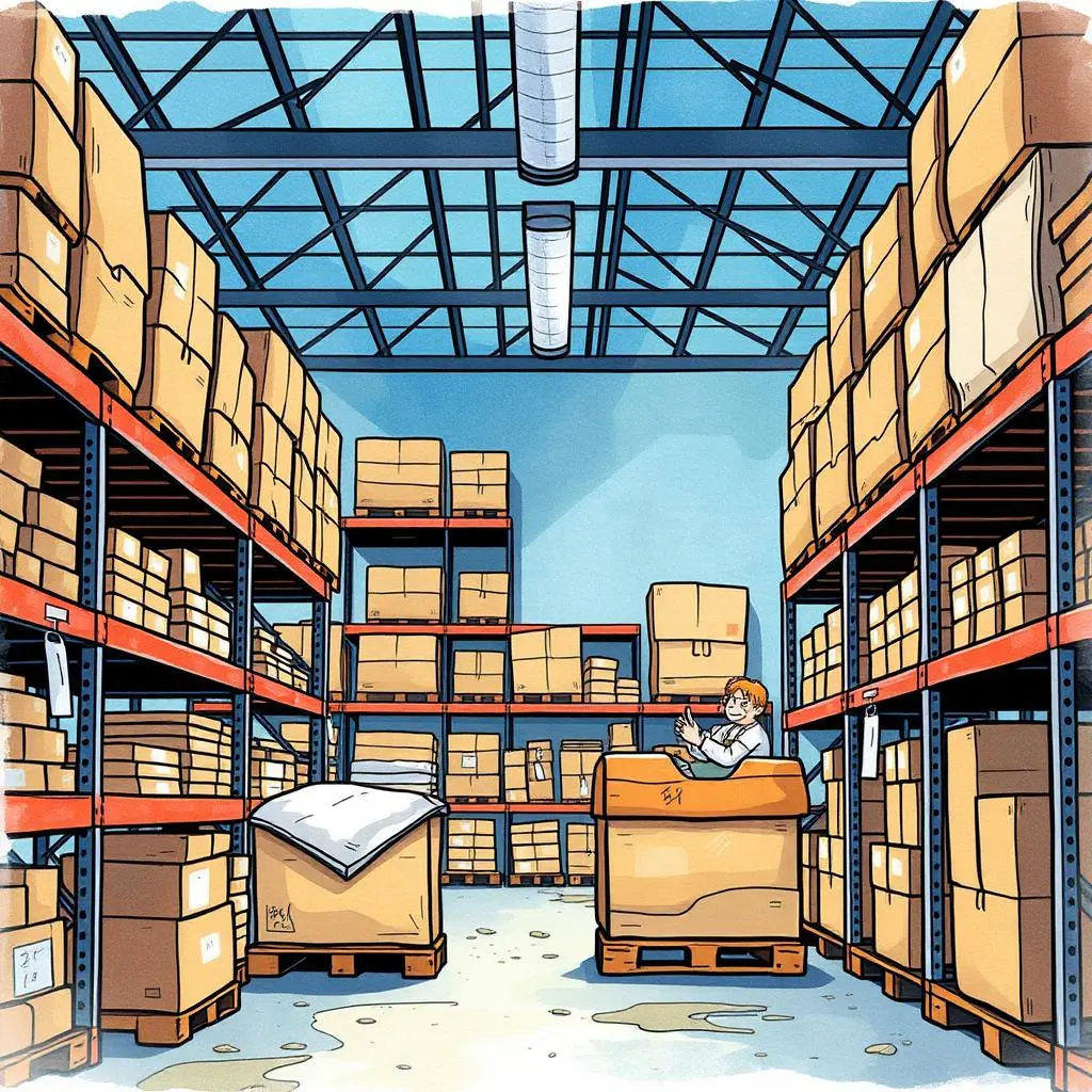 Quantity level optimizer: Optimize inventory levels based on analysis 1 Warehouse scene depicting an employee analyzing inventory data among boxes.