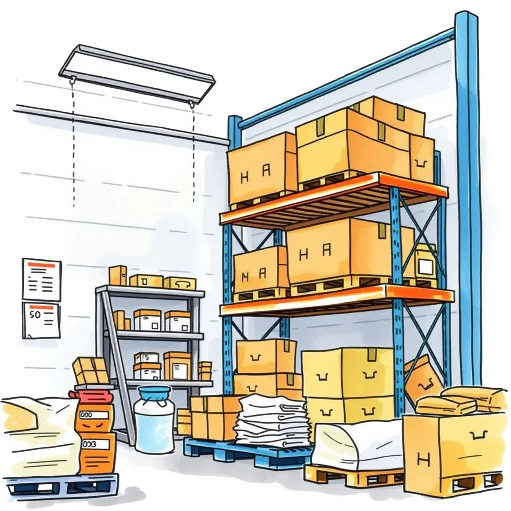 Stock level summary creator: Summarize current stock levels effortlessly 1 Stock room filled with labeled boxes and shelves for effective inventory management