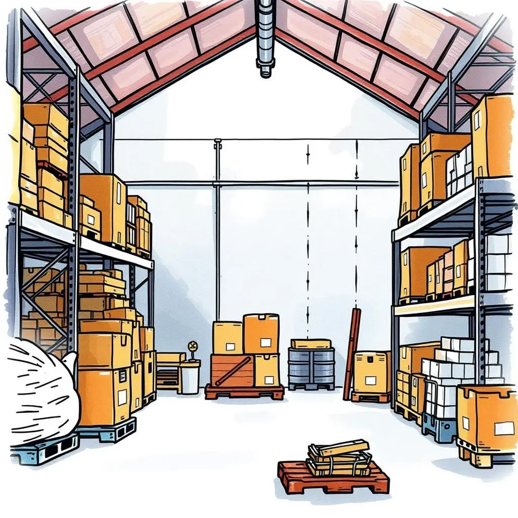 Stock metrics reporter: Report on key stock metrics for review 1 Inventory warehouse filled with organized boxes and materials.