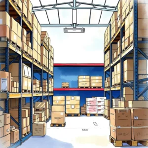 A well-organized warehouse filled with labeled cardboard boxes.