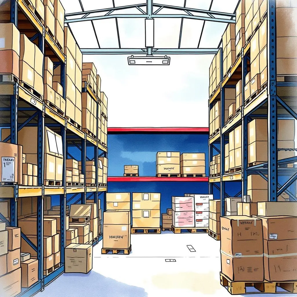 A well-organized warehouse filled with labeled cardboard boxes.