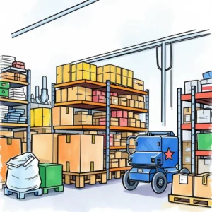 A well-organized warehouse showcasing various inventory storage solutions.