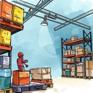 Stock Level Assessment Tool in a warehouse setting with shelves and inventory items stacked high