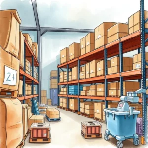 Warehouse interior filled with organized inventory and packing materials.
